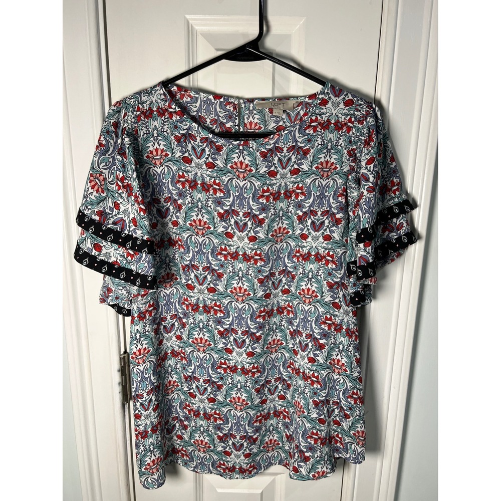 LOFT Womens Floral Damask Flutter Sleeve Blouse Multicolor Size M 0908